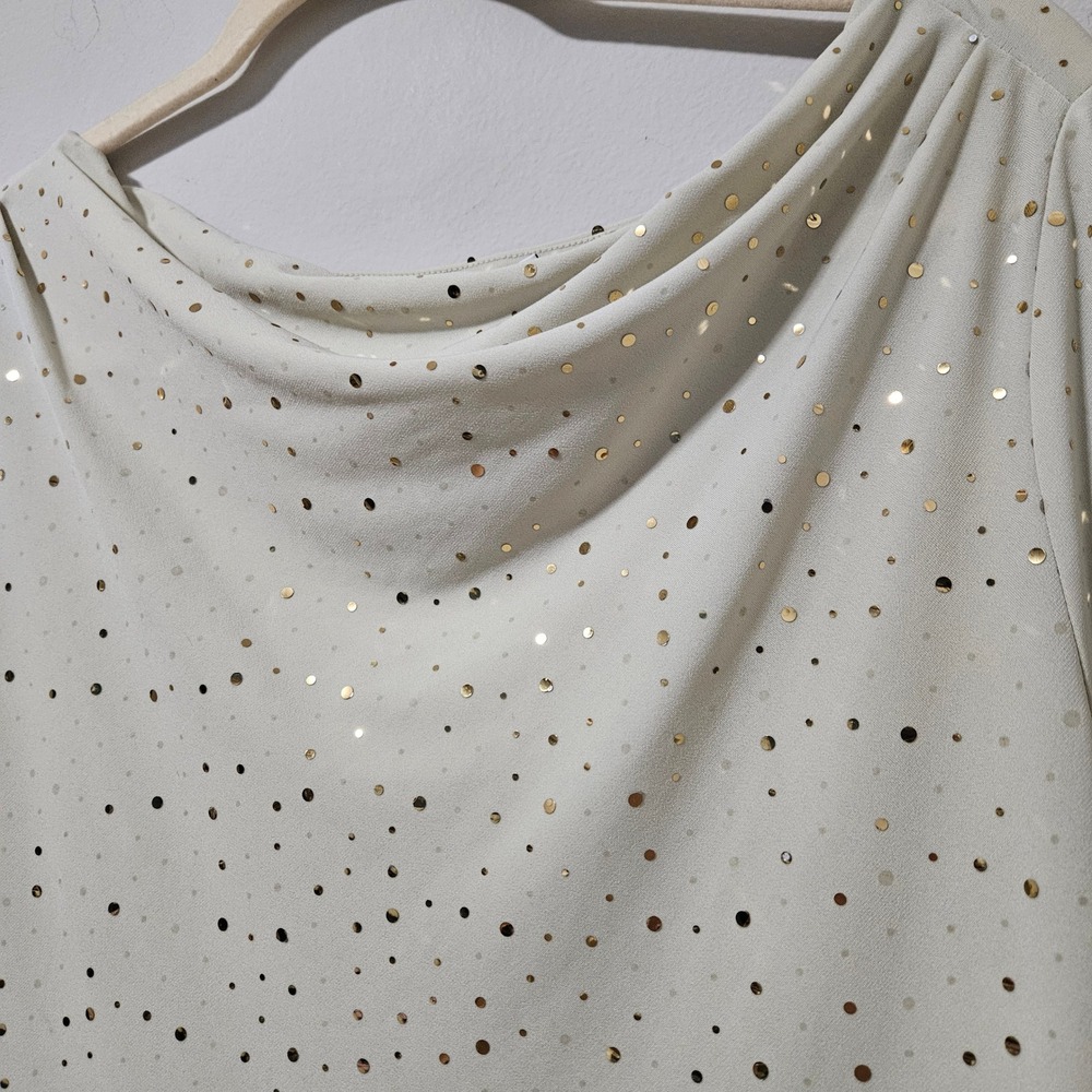 Susan Graver Womens Large Gold Foil Polka Dot Cowl Neck 3/4 Sleeve Top Champagne - Picture 2 of 5